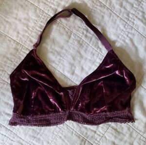 Cacique Velvet and Lace Bralette Halter Top Crop Wine 18/20 2X Crochet